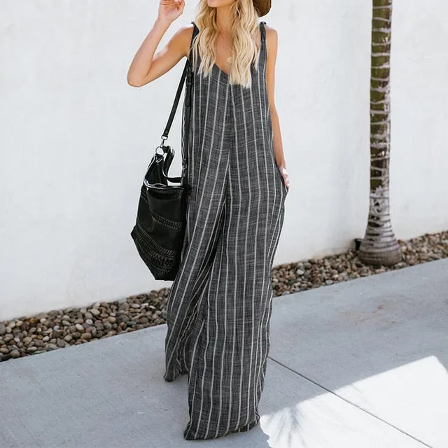 2018 ZANZEA Jumpsuits Women Wide Leg Pant Striped Casual Plus Size Overalls Sexy Deep V Neck Sleeveless Strappy Summer Trousers