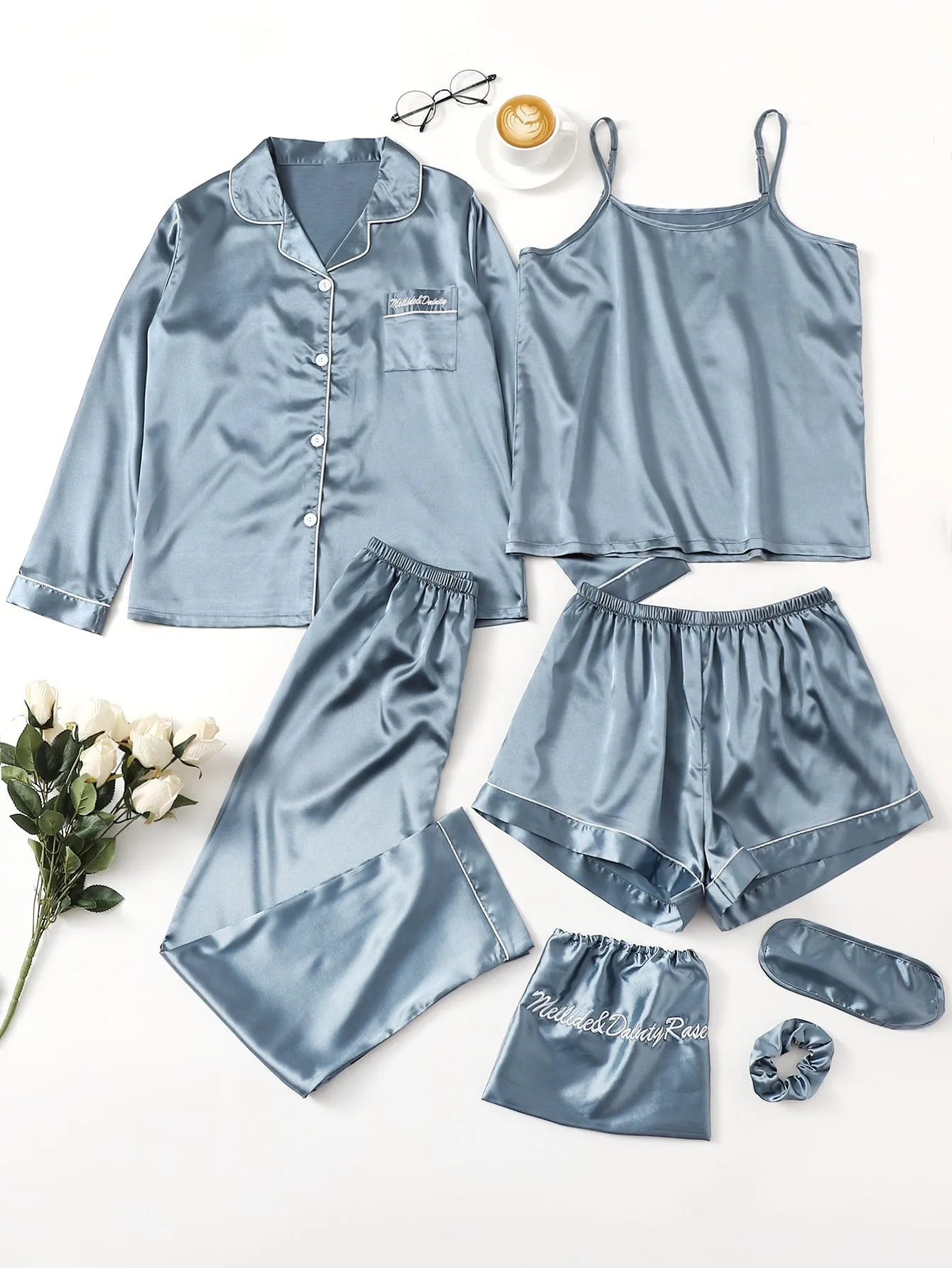 7Pcs Satin Pajama Set with Contrast Binding