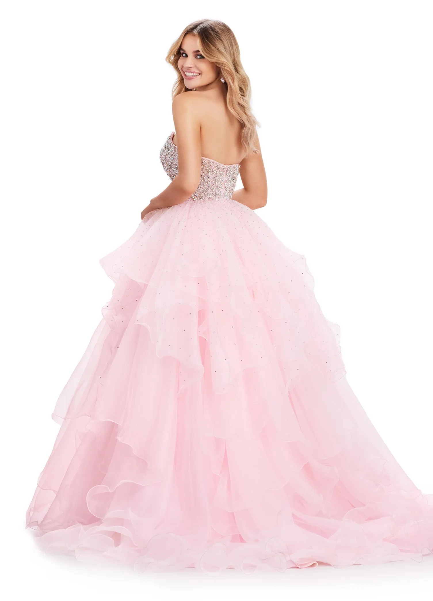 Ashley Lauren 11545 Long Prom Dress Strapless Organza Ball Gown Beaded Bustier Formal Pageant Gown