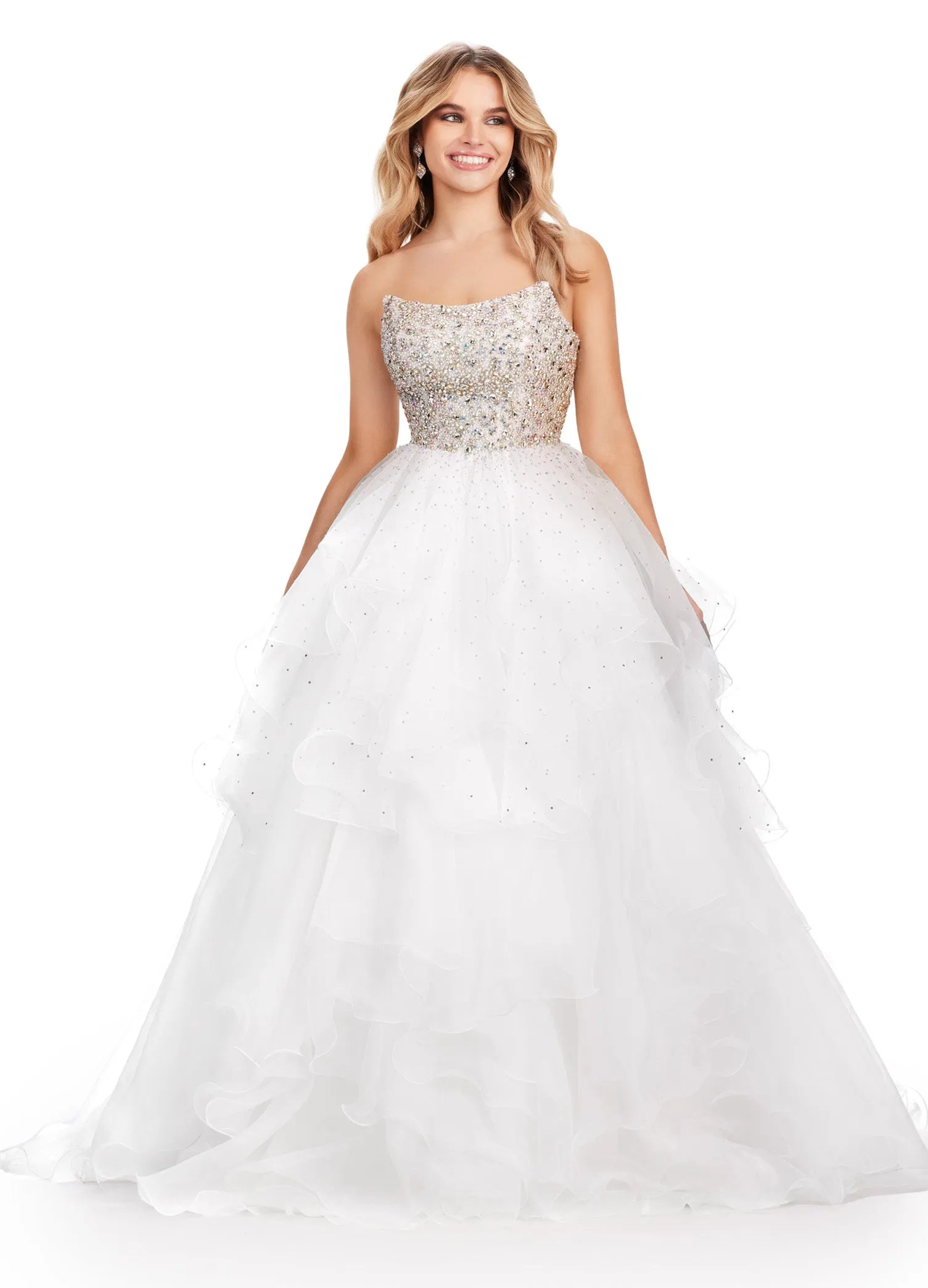 Ashley Lauren 11545 Long Prom Dress Strapless Organza Ball Gown Beaded Bustier Formal Pageant Gown