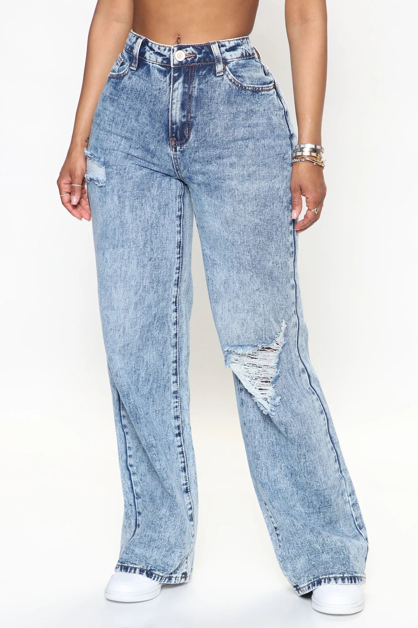 Basic High Rise Straight Leg Jeans - Acid Wash Denim