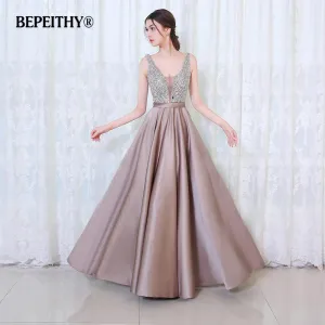 BEPEITHY V-Neck Beads Bodice Open Back A Line Long Evening Dress Party Elegant Vestido De Festa Fast Shipping Prom Gowns