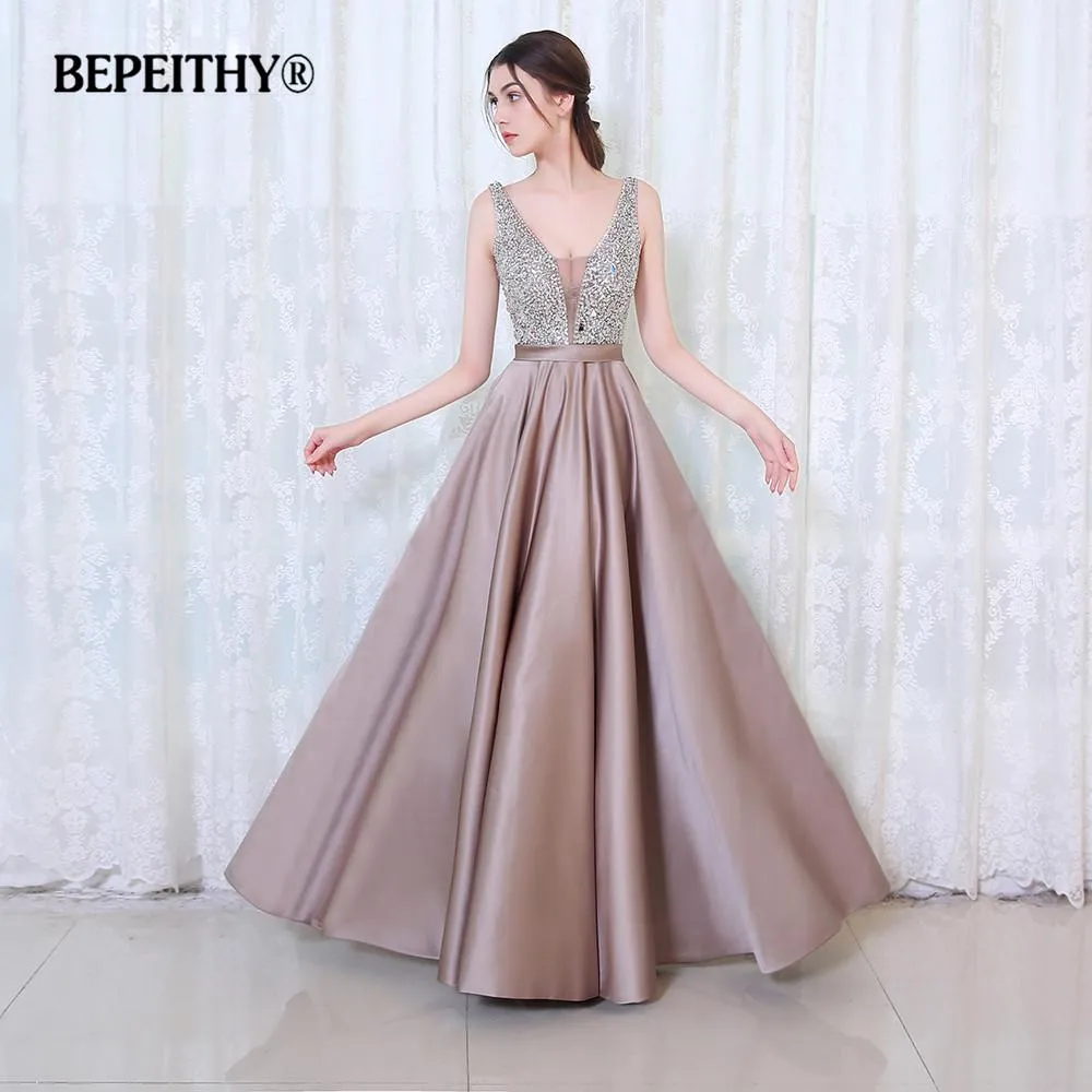 BEPEITHY V-Neck Beads Bodice Open Back A Line Long Evening Dress Party Elegant Vestido De Festa Fast Shipping Prom Gowns