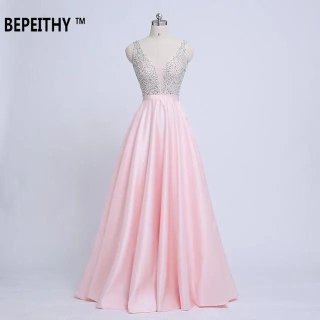 BEPEITHY V-Neck Beads Bodice Open Back A Line Long Evening Dress Party Elegant Vestido De Festa Fast Shipping Prom Gowns