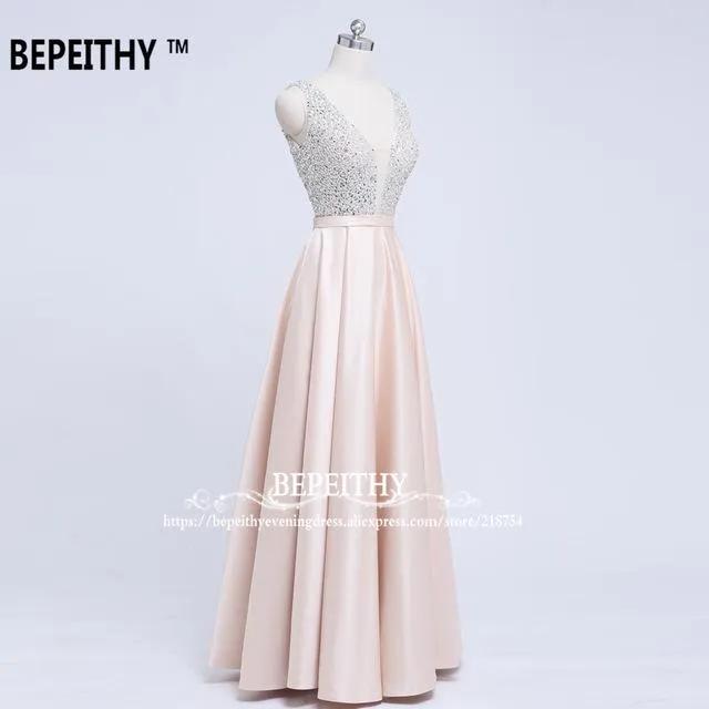 BEPEITHY V-Neck Beads Bodice Open Back A Line Long Evening Dress Party Elegant Vestido De Festa Fast Shipping Prom Gowns
