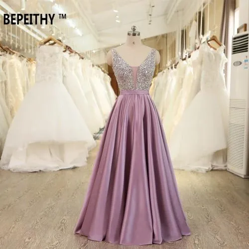 BEPEITHY V-Neck Beads Bodice Open Back A Line Long Evening Dress Party Elegant Vestido De Festa Fast Shipping Prom Gowns