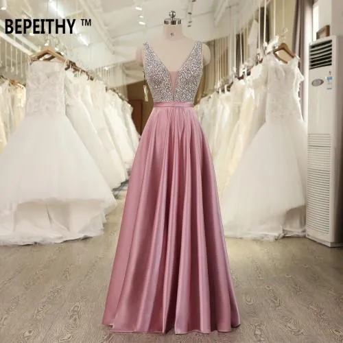 BEPEITHY V-Neck Beads Bodice Open Back A Line Long Evening Dress Party Elegant Vestido De Festa Fast Shipping Prom Gowns