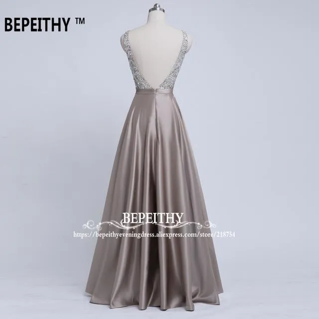BEPEITHY V-Neck Beads Bodice Open Back A Line Long Evening Dress Party Elegant Vestido De Festa Fast Shipping Prom Gowns
