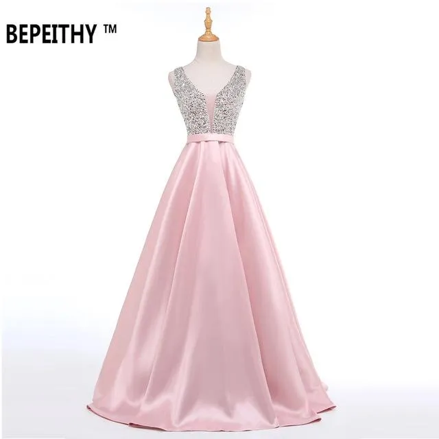 BEPEITHY V-Neck Beads Bodice Open Back A Line Long Evening Dress Party Elegant Vestido De Festa Fast Shipping Prom Gowns