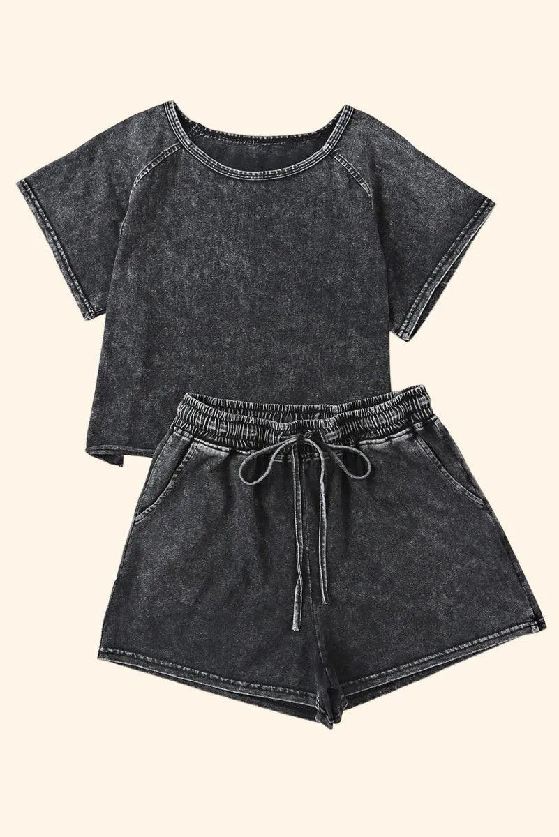 Black Distressed Bleach Short Lounge Set