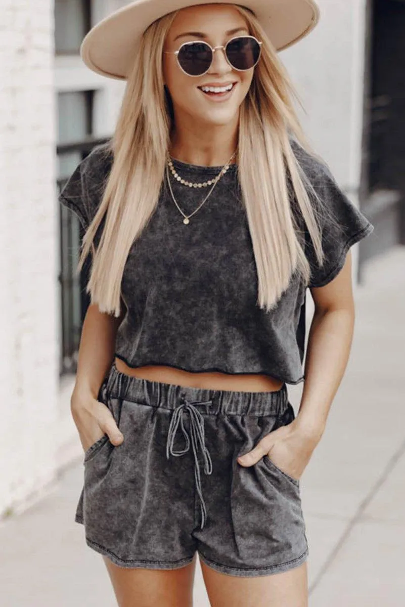 Black Distressed Bleach Short Lounge Set