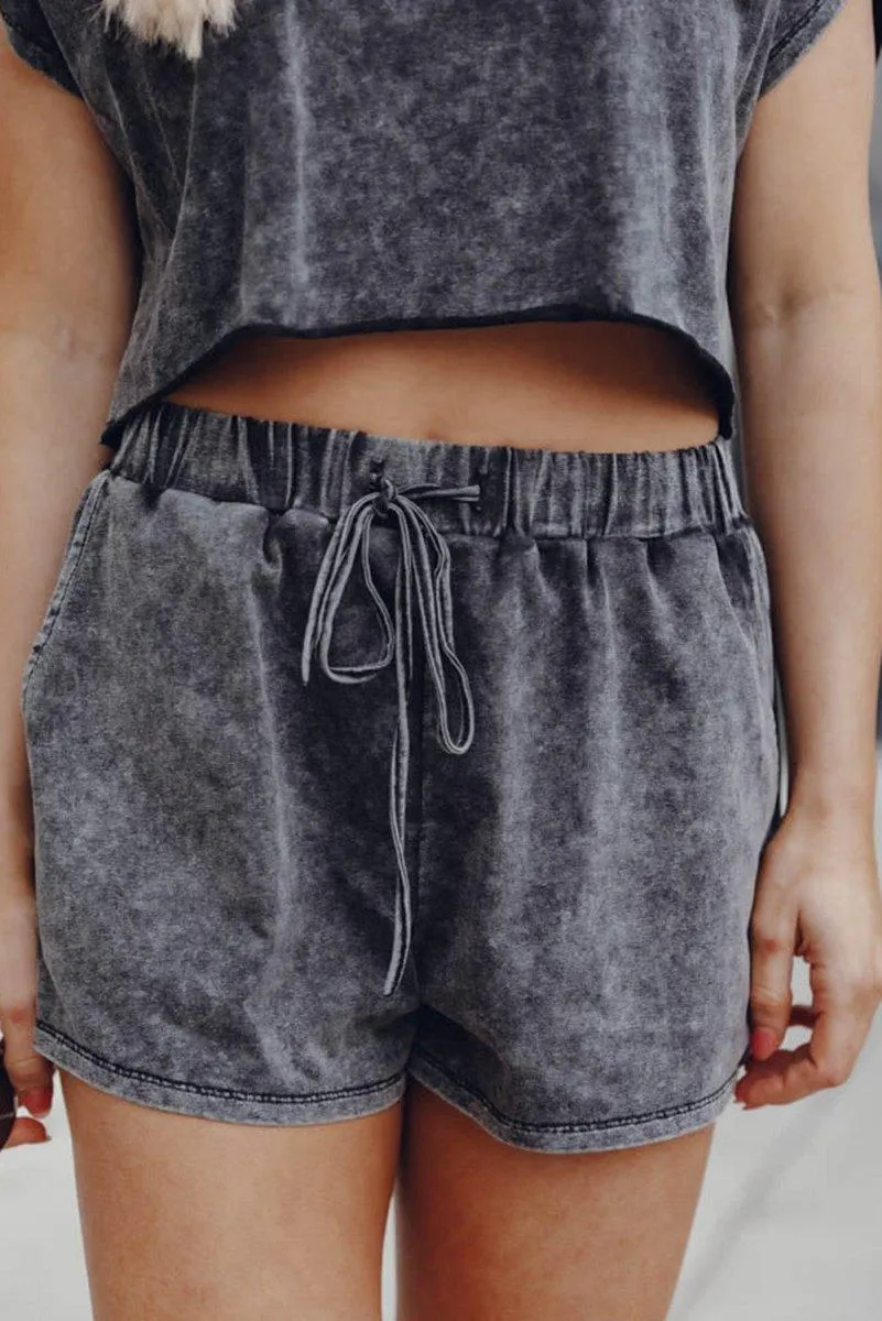 Black Distressed Bleach Short Lounge Set