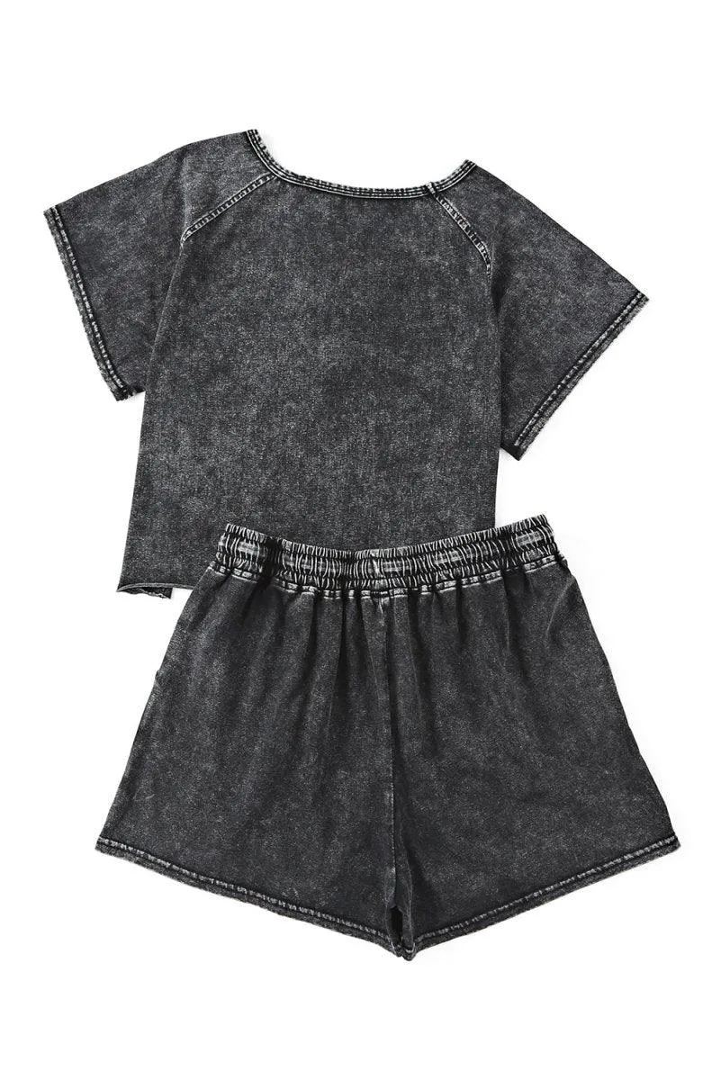 Black Distressed Bleach Short Lounge Set