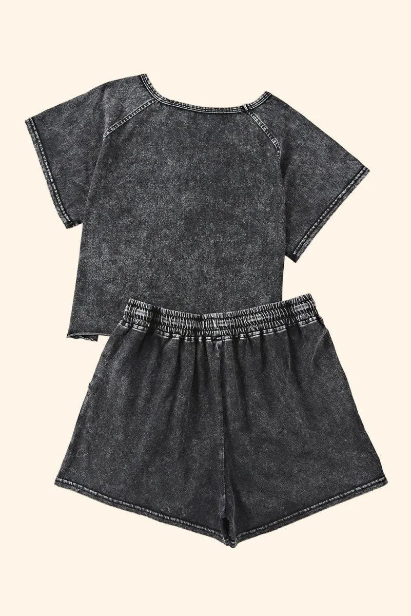 Black Distressed Bleach Short Lounge Set