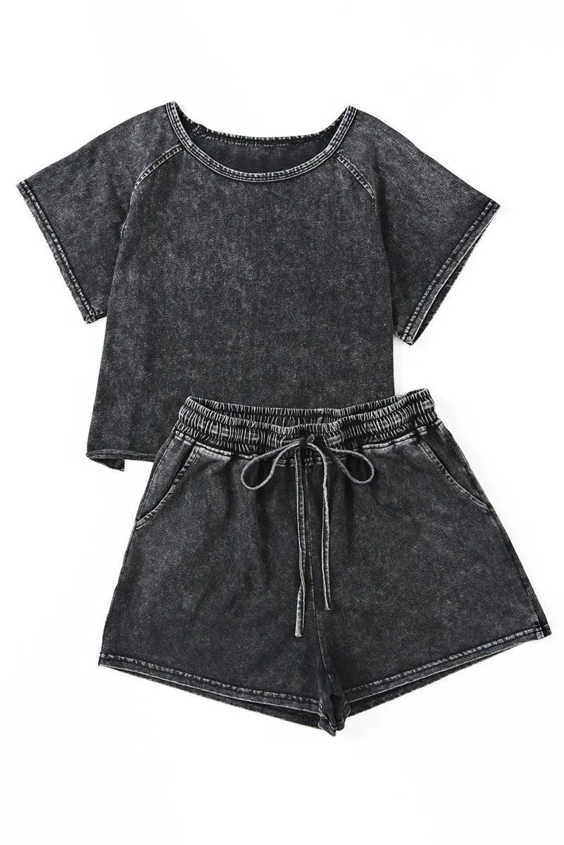 Black Distressed Bleach Short Lounge Set