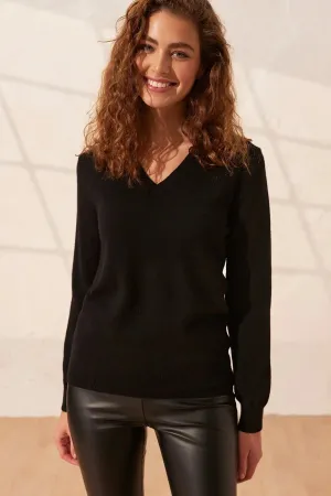 Black Pure Cashmere Veronique V-Neck Long Sleeve Women's Sweater