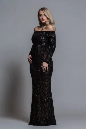 BLACK SEQUINS OFF THE SHOULDER EVENING GOWN