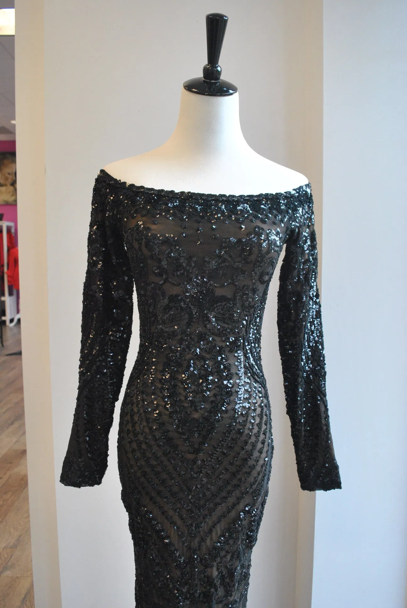 BLACK SEQUINS OFF THE SHOULDER EVENING GOWN