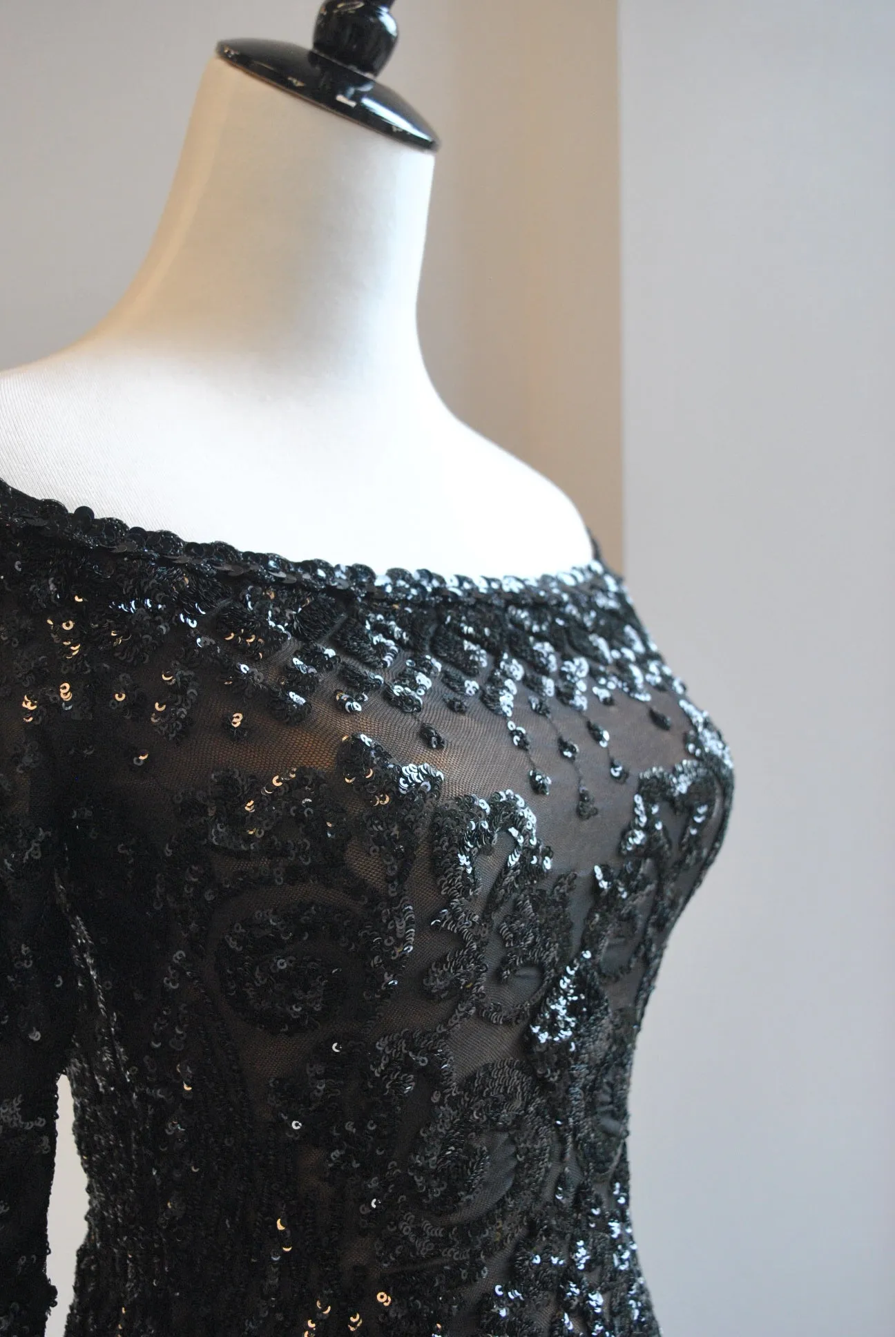 BLACK SEQUINS OFF THE SHOULDER EVENING GOWN