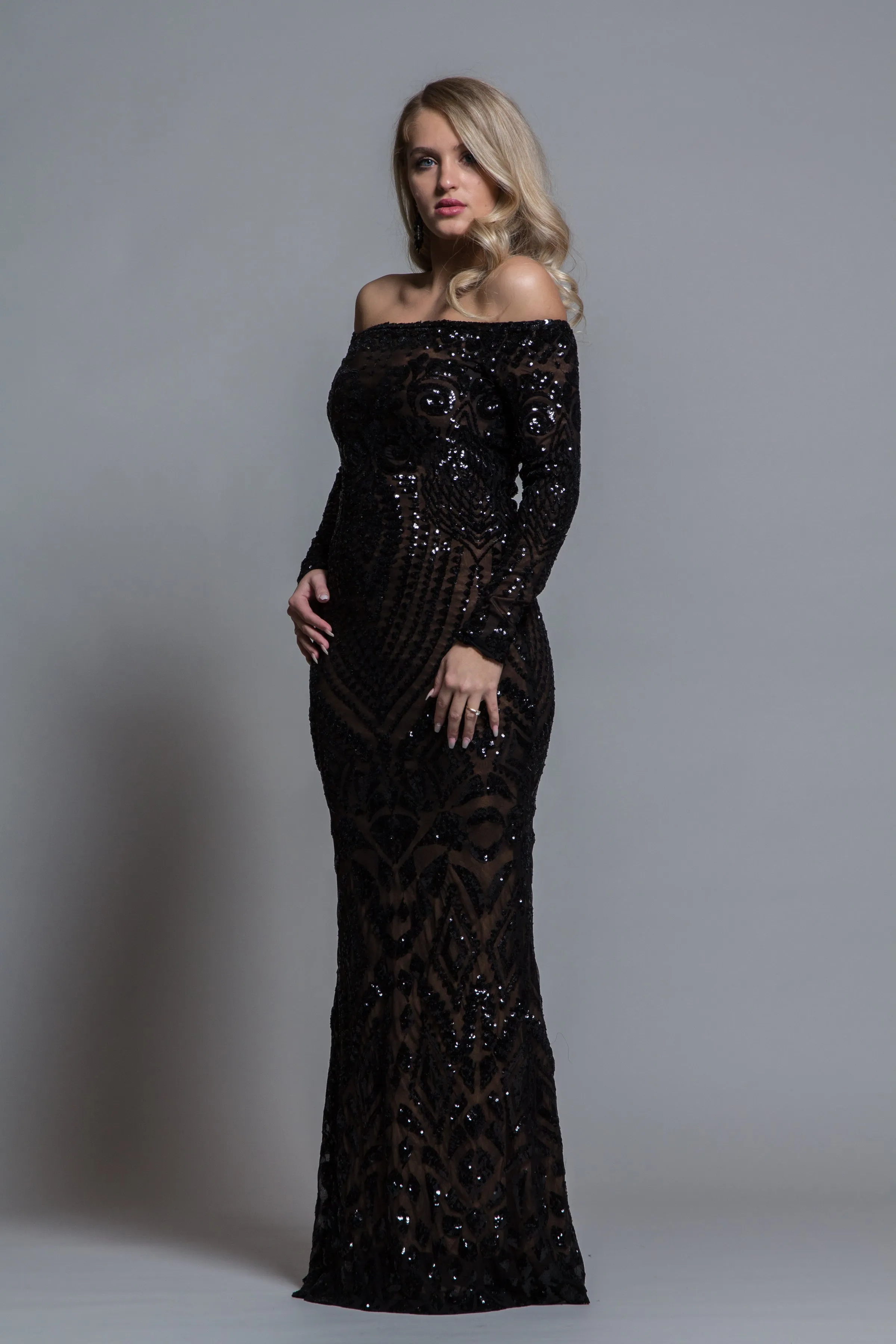 BLACK SEQUINS OFF THE SHOULDER EVENING GOWN