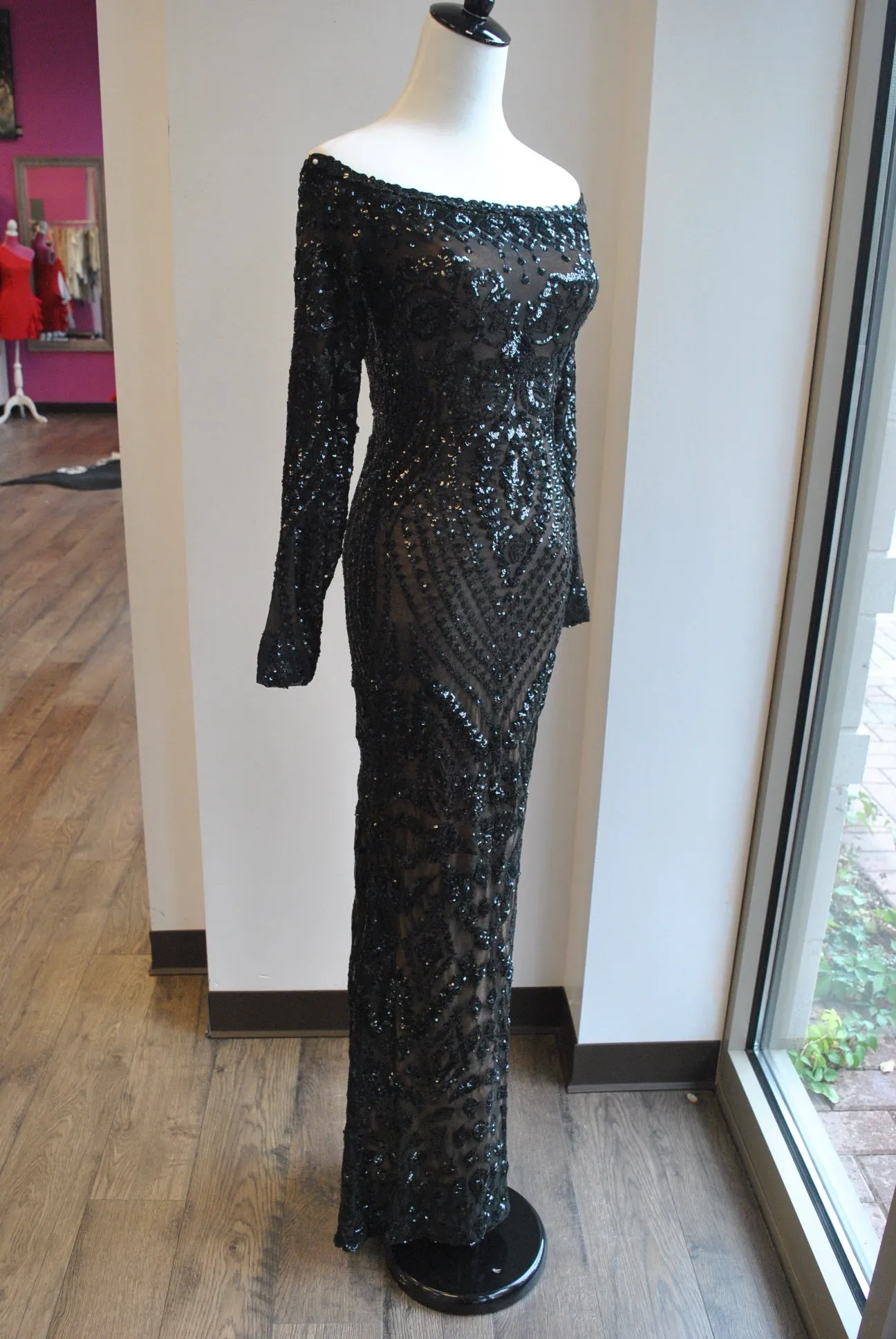 BLACK SEQUINS OFF THE SHOULDER EVENING GOWN