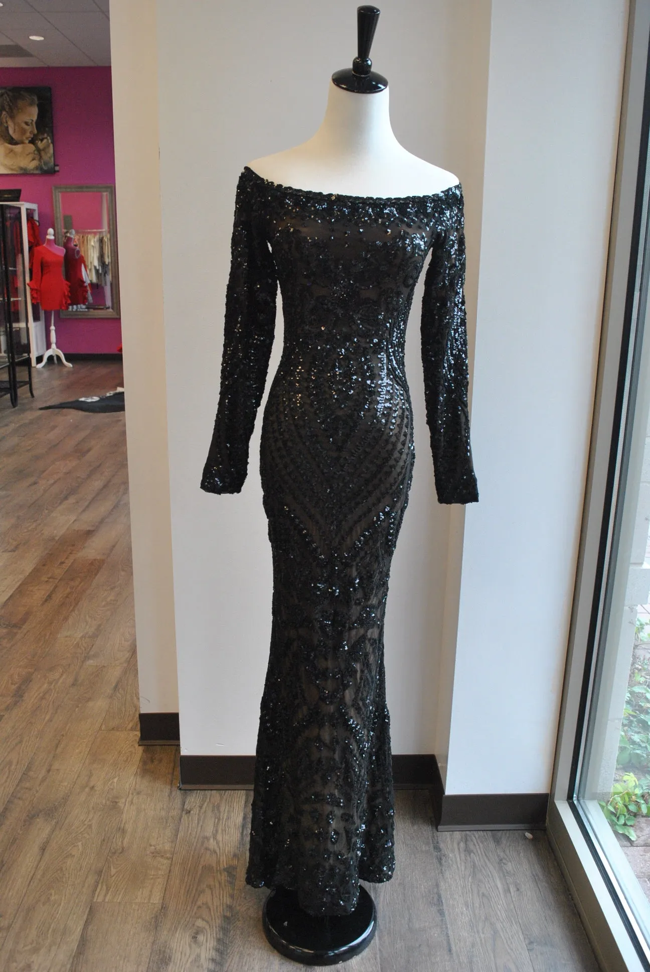 BLACK SEQUINS OFF THE SHOULDER EVENING GOWN