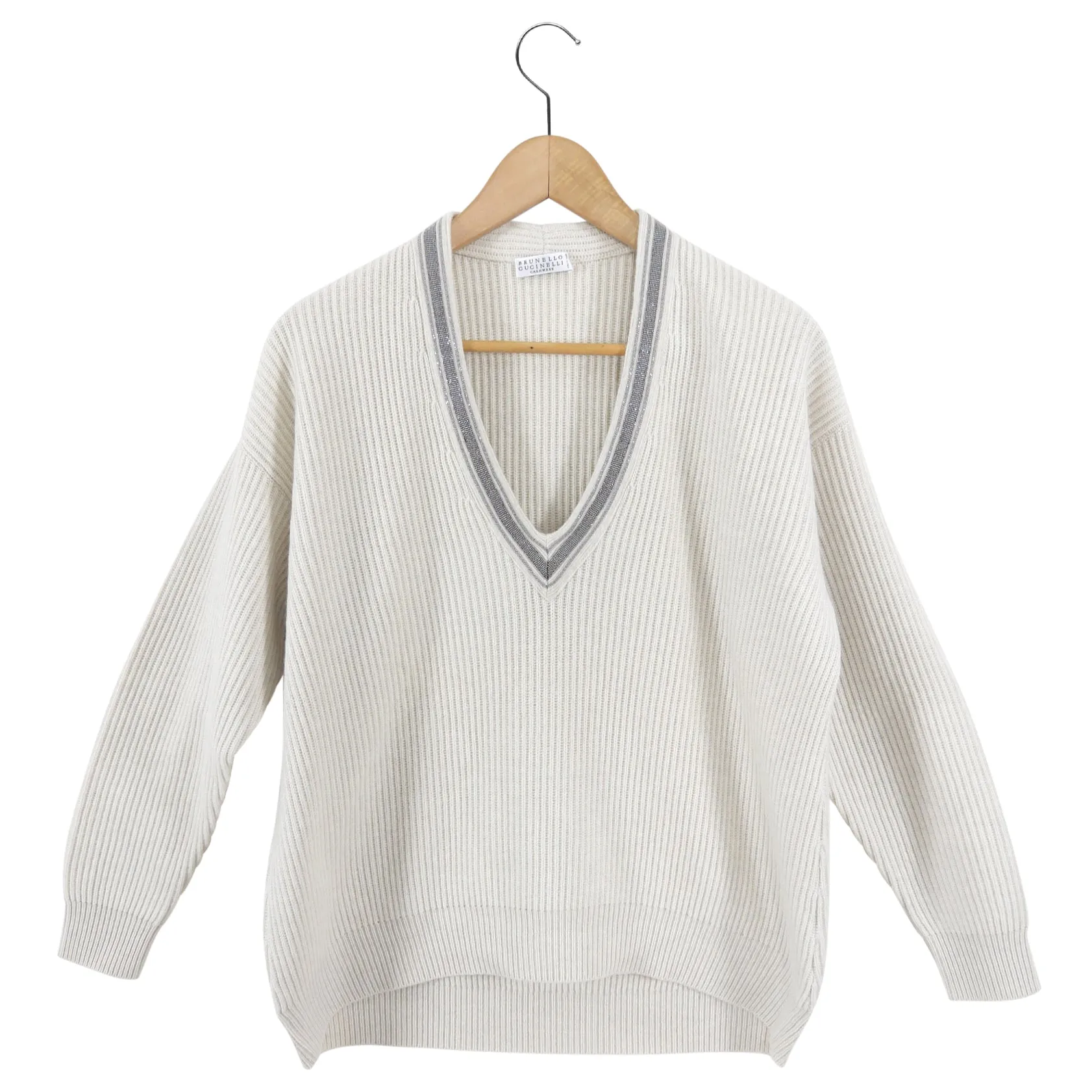 Brunello Cucinelli Bone Cashmere Knit V Neck Monili Sweater - S