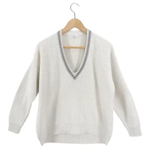Brunello Cucinelli Bone Cashmere Knit V Neck Monili Sweater - S