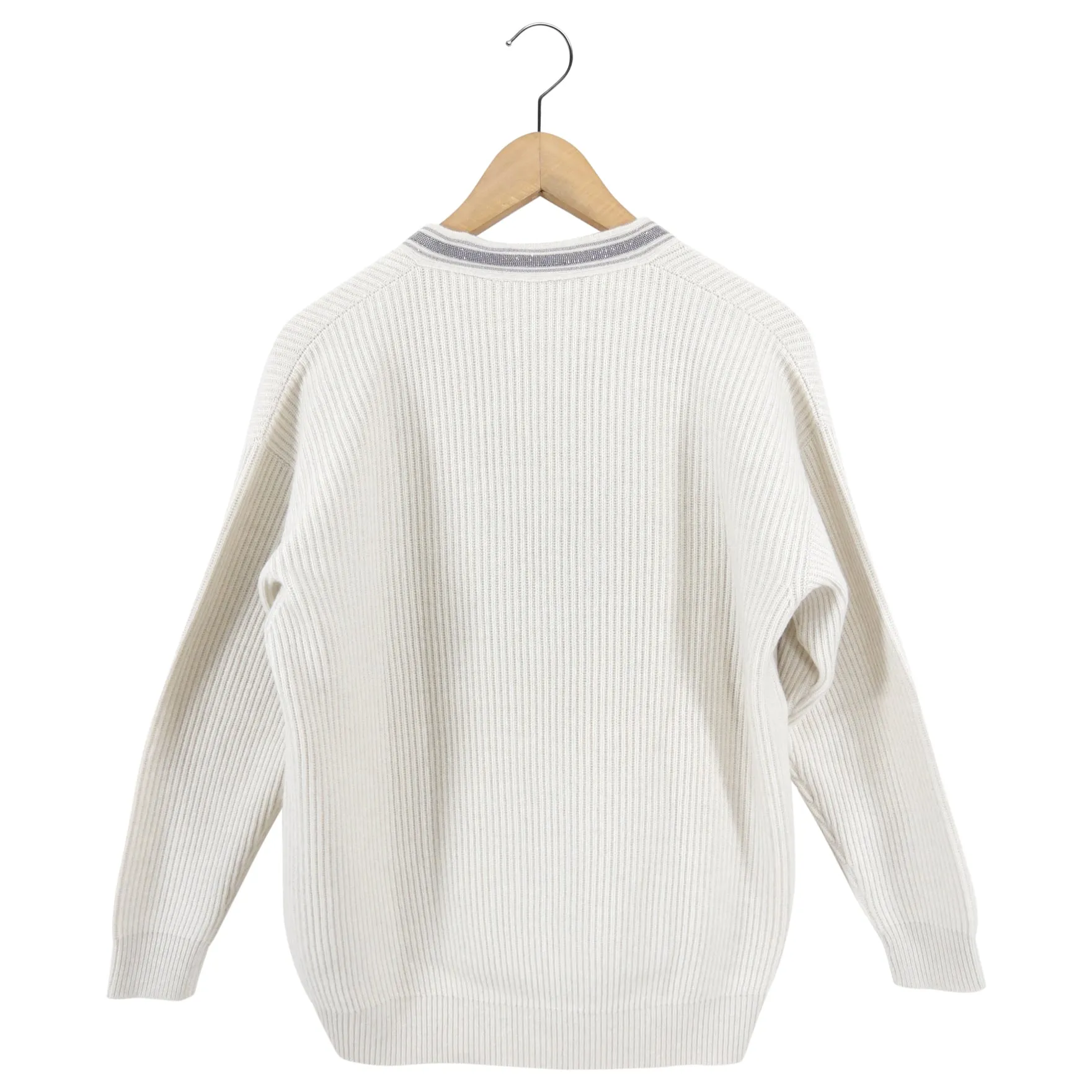 Brunello Cucinelli Bone Cashmere Knit V Neck Monili Sweater - S