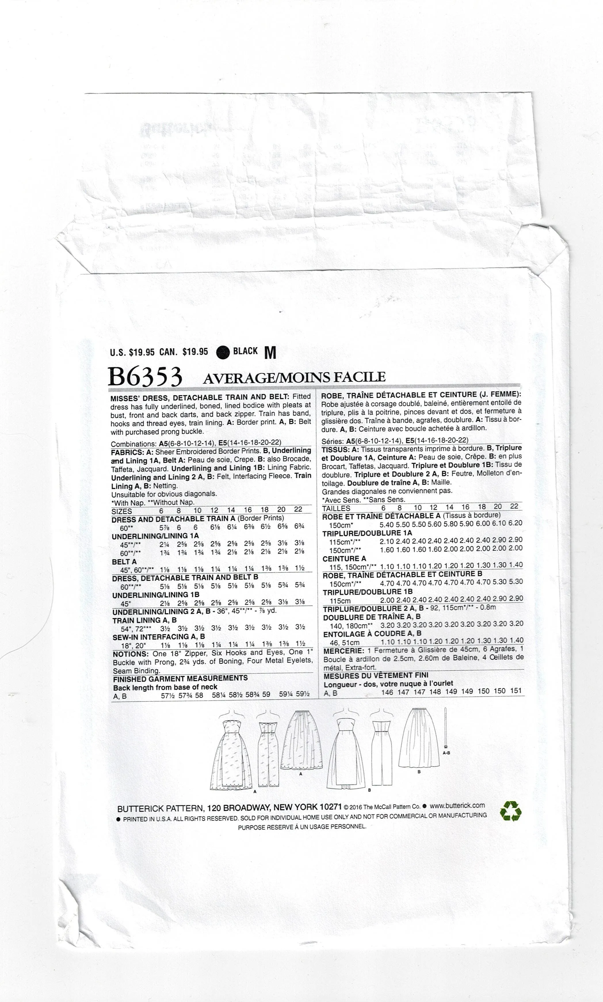 Butterick B 6353 GERTIE'S Womens Boned Bodice Strapless Evening Prom Gown with Detachable Train & Belt Out Of Print Sewing Pattern Size 6 - 14 UNCUT Factory Folded