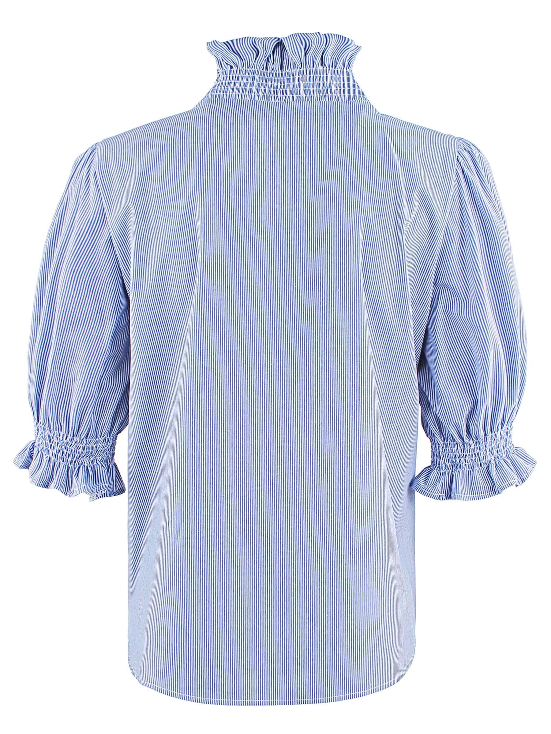Cici Shirt with Ruffle Collar & Sleeve, Blue & White Stripe - Web Exclusive