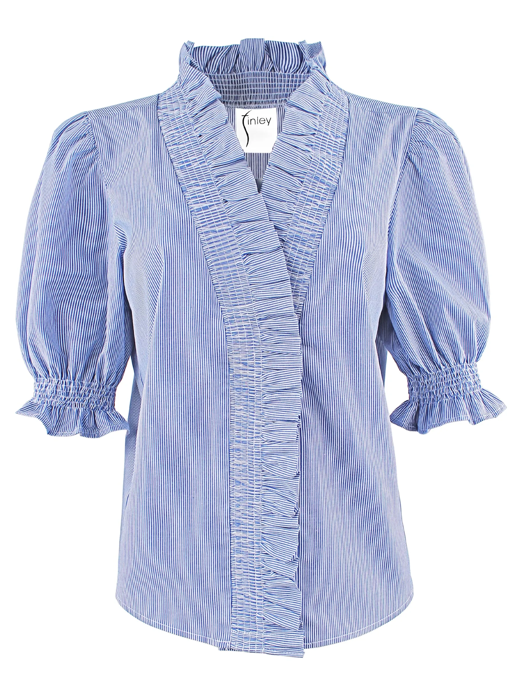 Cici Shirt with Ruffle Collar & Sleeve, Blue & White Stripe - Web Exclusive