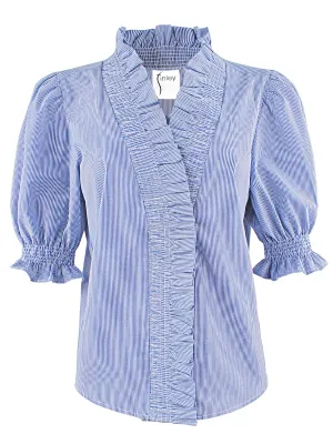 Cici Shirt with Ruffle Collar & Sleeve, Blue & White Stripe - Web Exclusive