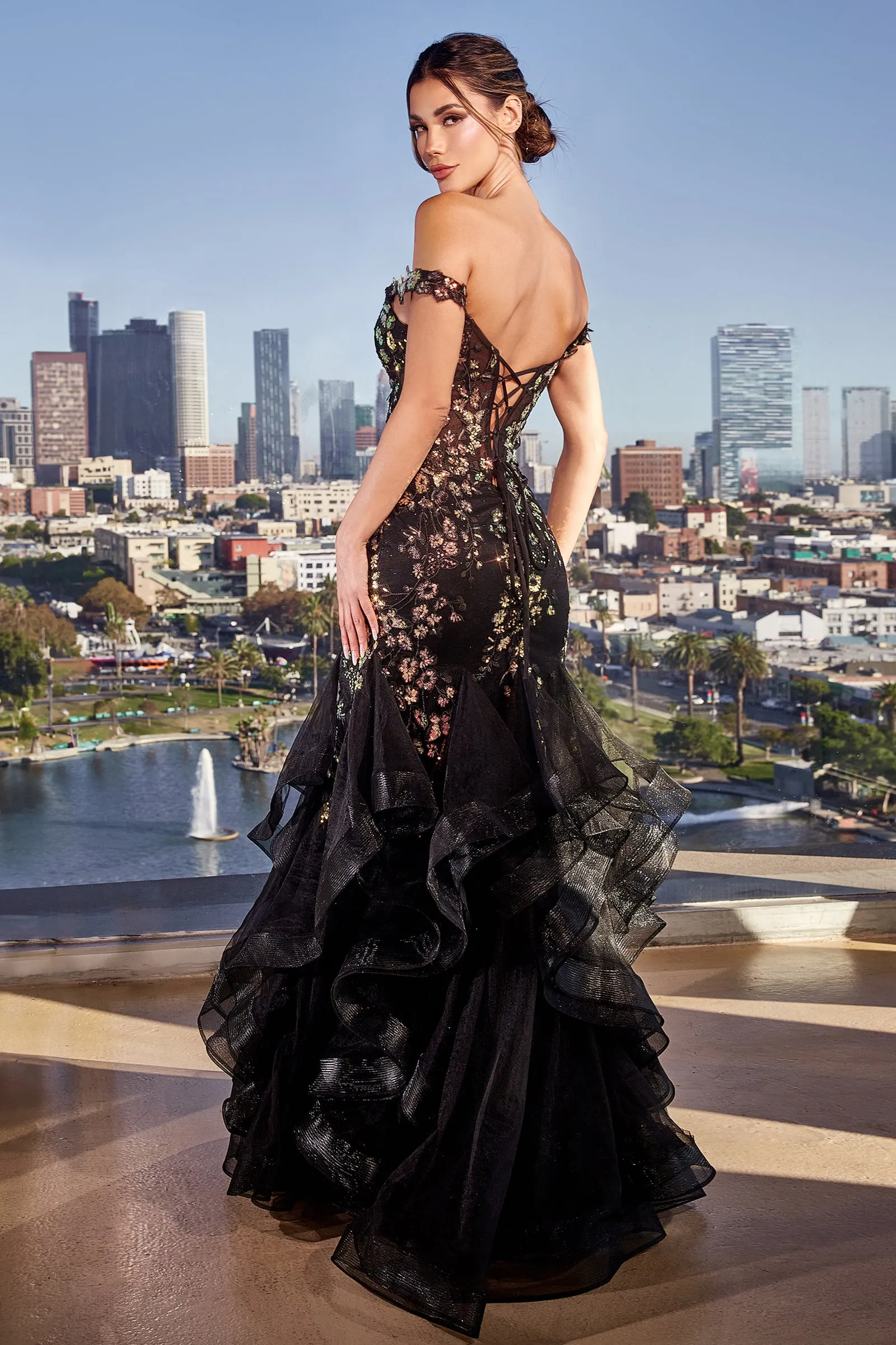 CINDERELLA DIVINE CM354 Off-Shoulder Sequin Mermaid Dress
