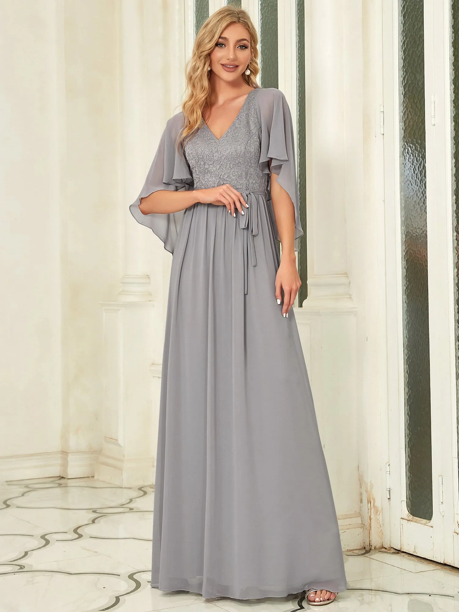 Custom Size Elegant Deep V Neck Chiffon Maxi Evening Dress