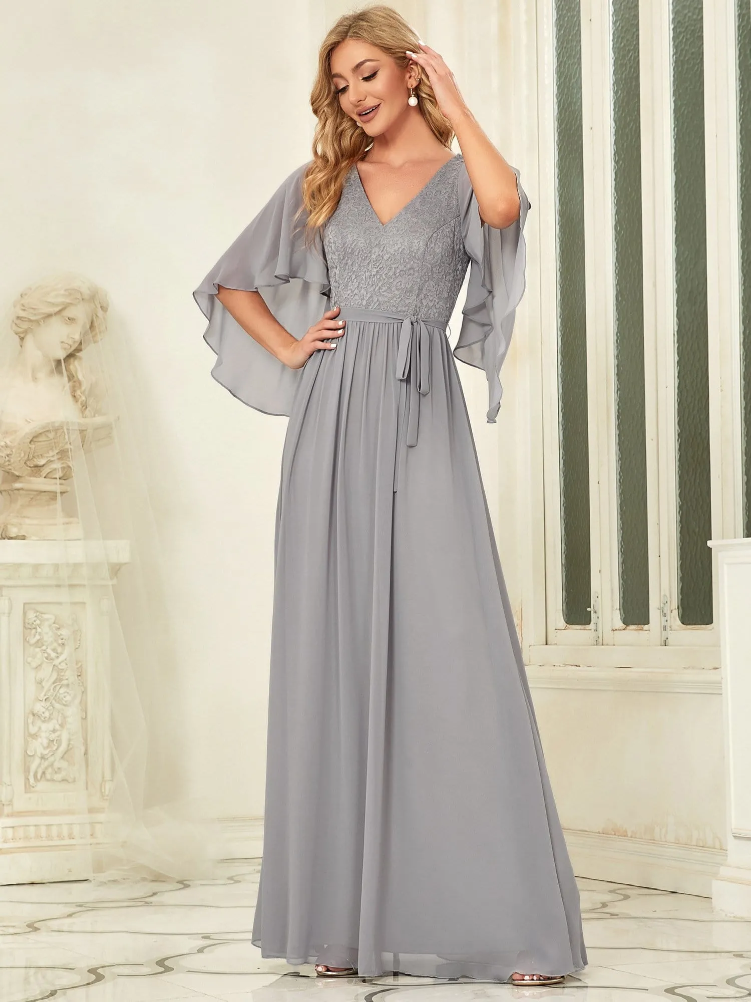 Custom Size Elegant Deep V Neck Chiffon Maxi Evening Dress