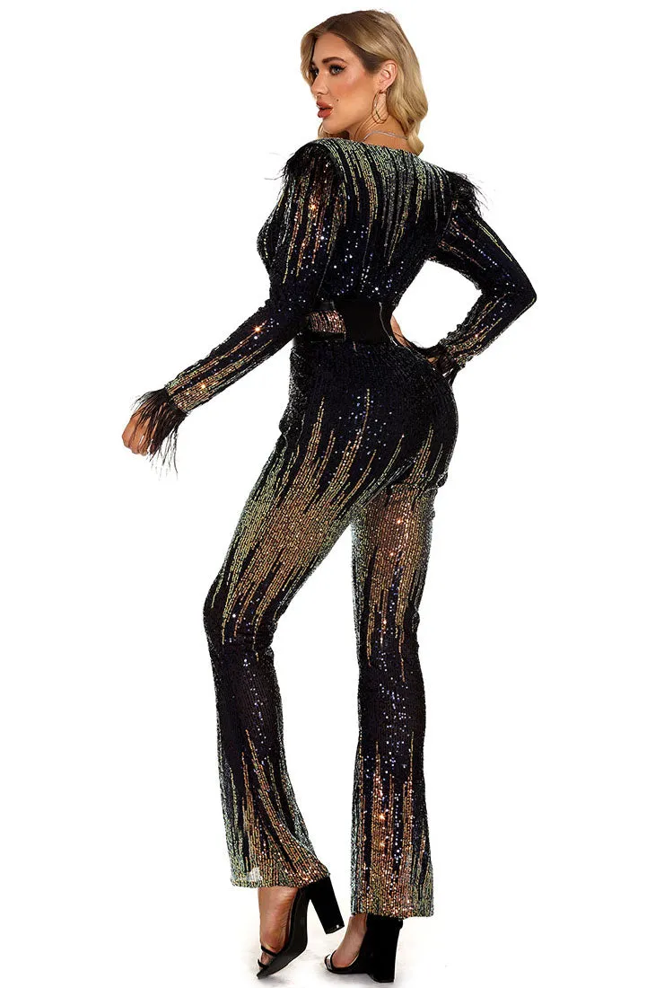 Deep V-neck Sequined Jumpsuit With Belt