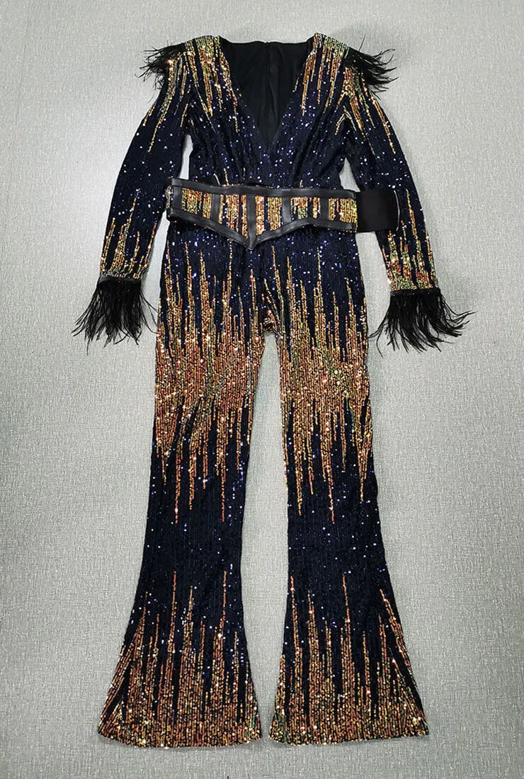 Deep V-neck Sequined Jumpsuit With Belt