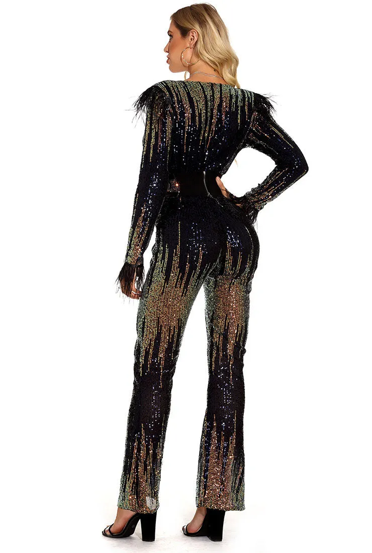 Deep V-neck Sequined Jumpsuit With Belt