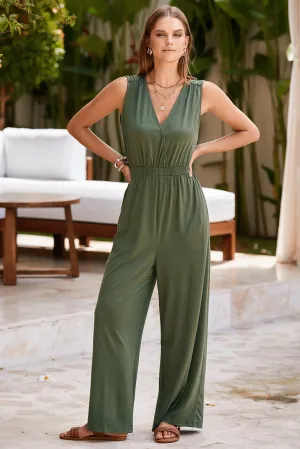 Deep V Pleated Crisscross Wide Leg Backless Jumpsuit