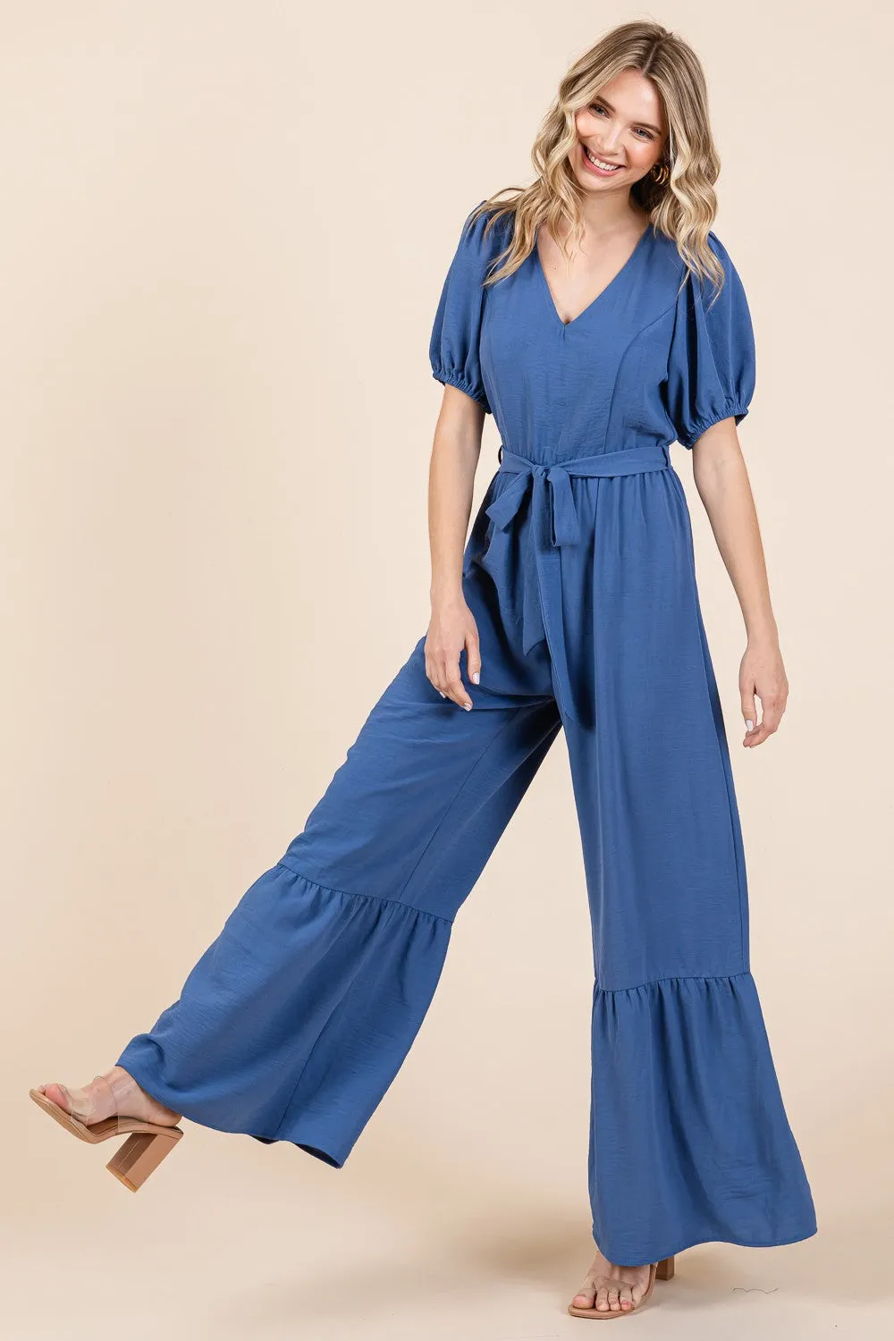 Denim Blue Full Size V-Neck Belted Wide Leg Jumpsuit