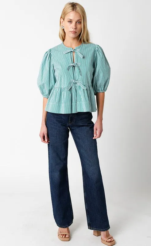 Eloise Tie Top- Green Stripe