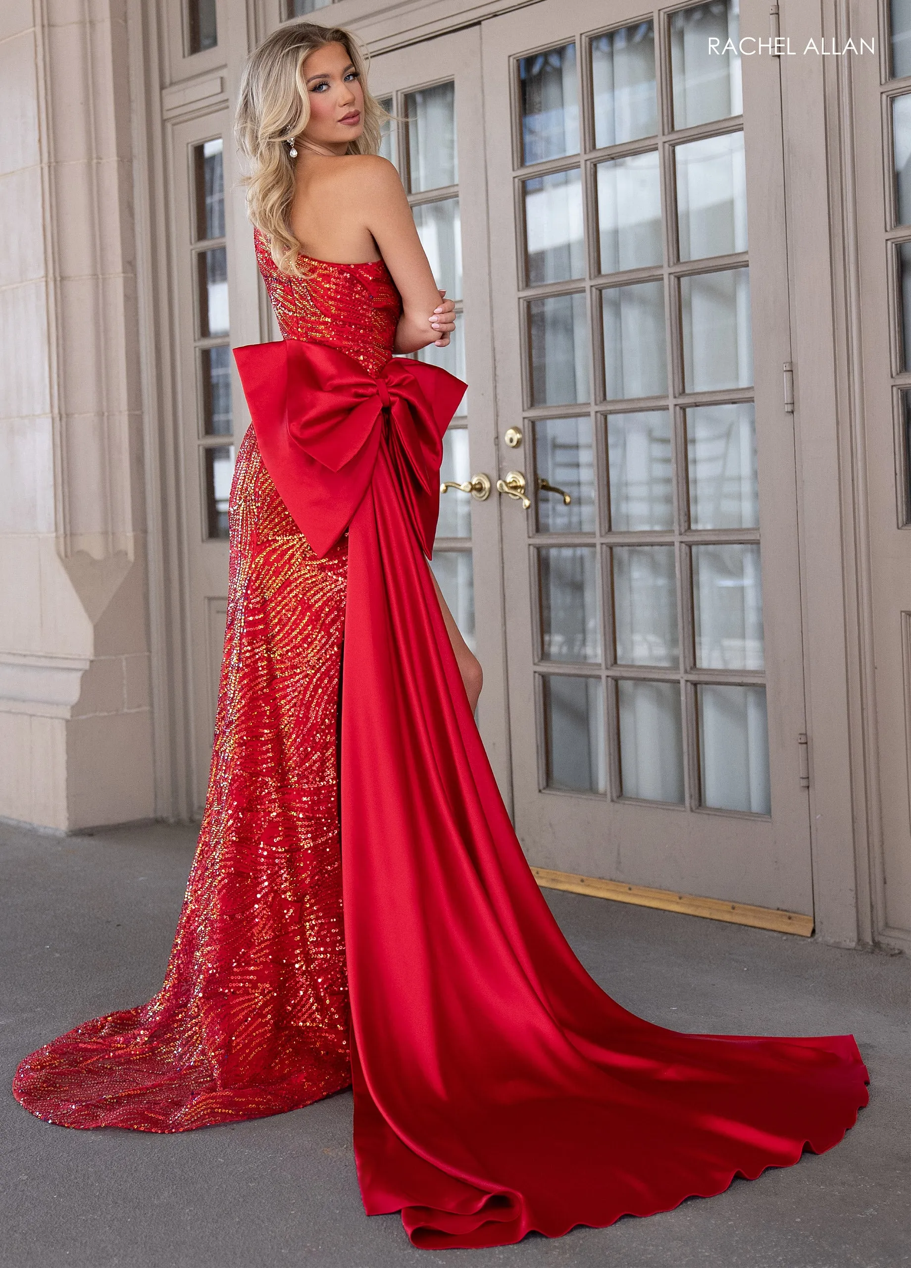 Fitted One Shoulder Slit Gown by Rachel Allan 70810