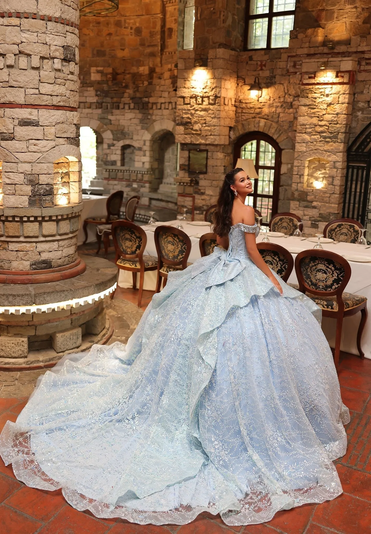 Glitter Print Off Shoulder Ball Gown by Amarra 54240