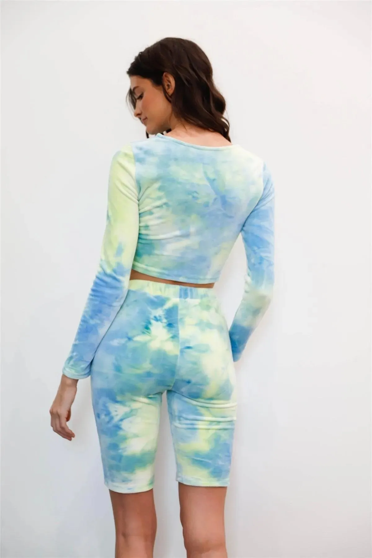 Green Multicolor Tie-Dye Velvet Cropped Long Sleeve Top & Bike Shorts Set /2-2-1