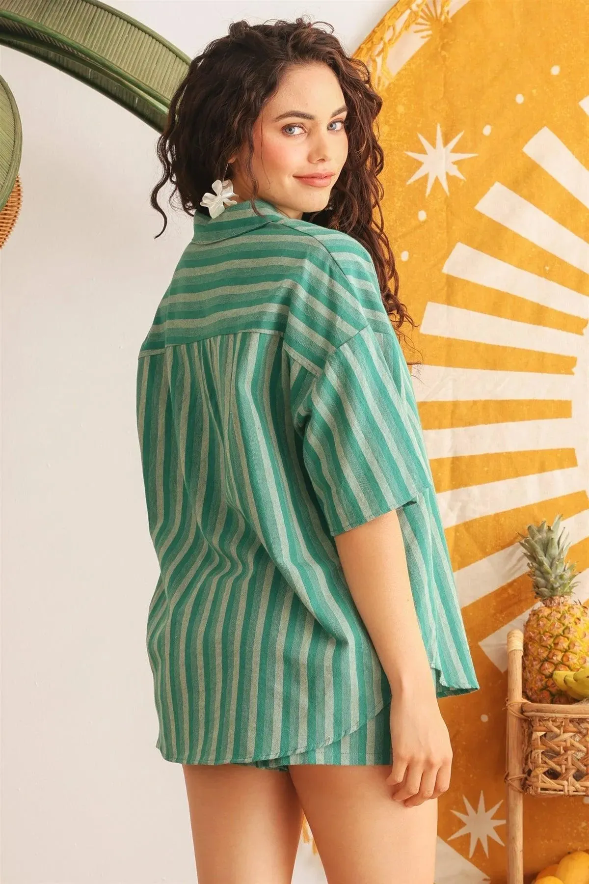 Green Stripe Cotton Collared Neck Button Top & High Waist Two Pocket Shorts Set /1-2-2