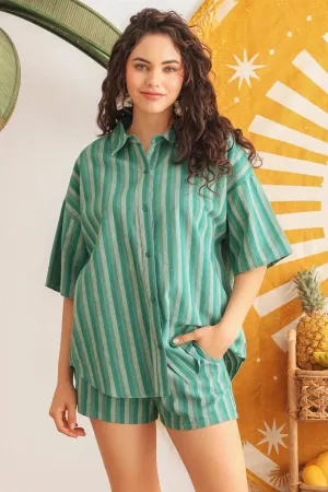 Green Stripe Cotton Collared Neck Button Top & High Waist Two Pocket Shorts Set /1-2-2