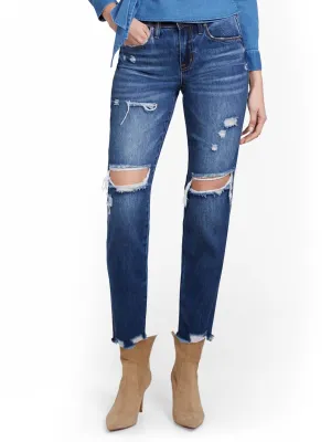 High-Waisted Distressed Dream Boyfriend Ankle Jeans - Dark Wash
