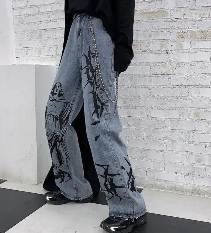 Hip Hop Printed Denim Jeans | Street Style Jeans | Hip Hop Loose Trouser | Wide Leg Pants | Women Streetwear Trousers | Women Casual Jeans