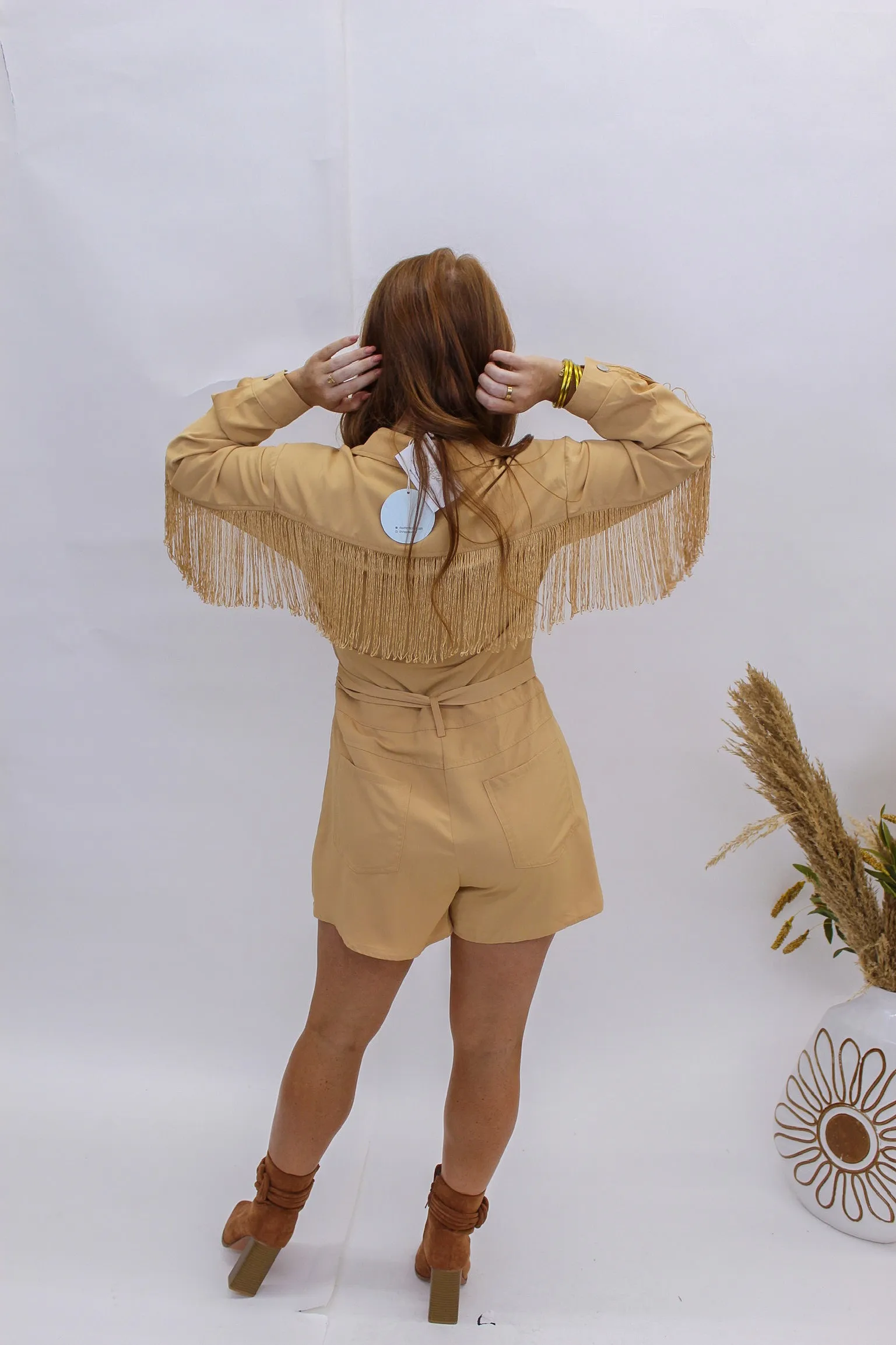 Honky Tonk Belted Fringe Romper- Sand